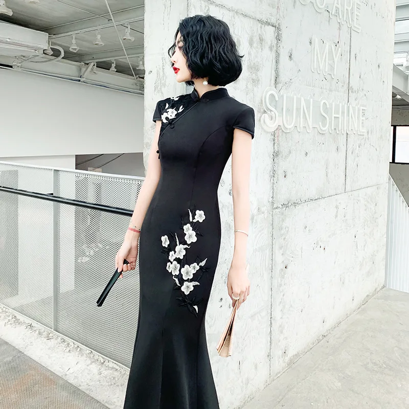 שחור בת ים בסגנון סיני הגברת Cheongsam חזק ארוכה אלגנטית שמלה מידות גדולות 3XL Vestidso בציר אדום כלה חתונה צ ' יפאו - 2