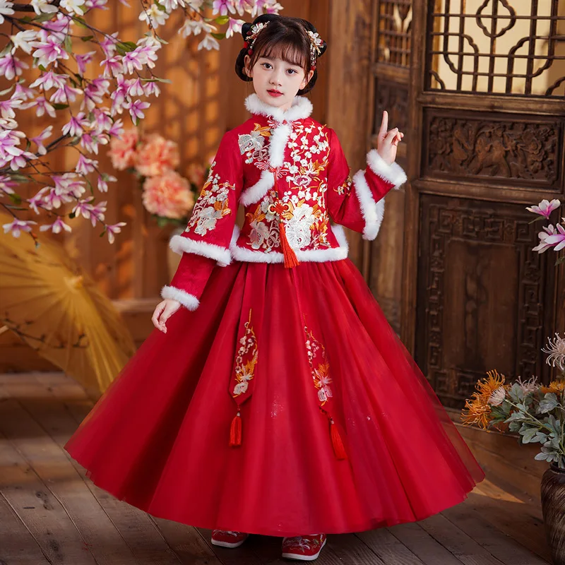 2 צבעים בסגנון סיני לילדים Hanfu השמלה סט משובח אדום ורוד לעבות צמר השנה החדשה הנסיכה שכמייה, חצאית Elegent טאנג חליפה - 3