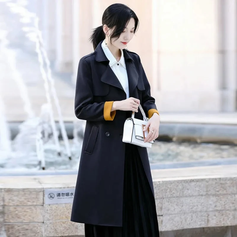 2022 סתיו דק צבע מוצק ארוך מעיל רוח אופנה קוריאנית קלאסיק זוגי עם חזה חגורת נשים מעיל אלגנטי הלבשה עליונה - 3