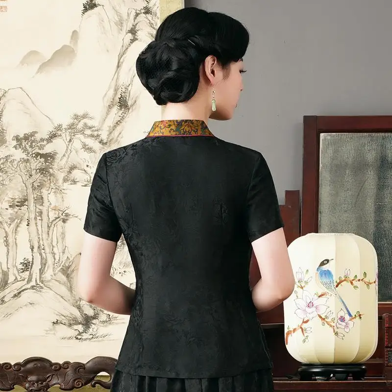 2023 החדש סינית מסורתית וינטג', חולצה קיץ v-צוואר קצר שרוול משופר קרדיגן סיני רטרו tangsuits לנשים - 3