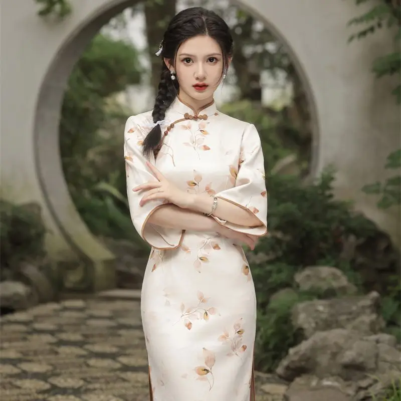 2023 חדש בסגנון סיני סתיו חצי שרוול זמש הדפסה באיכות גבוהה אלגנטי אמצע אורך אופנה סלים שמלה נמוך שסף שיפור צ ' יפאו - 3