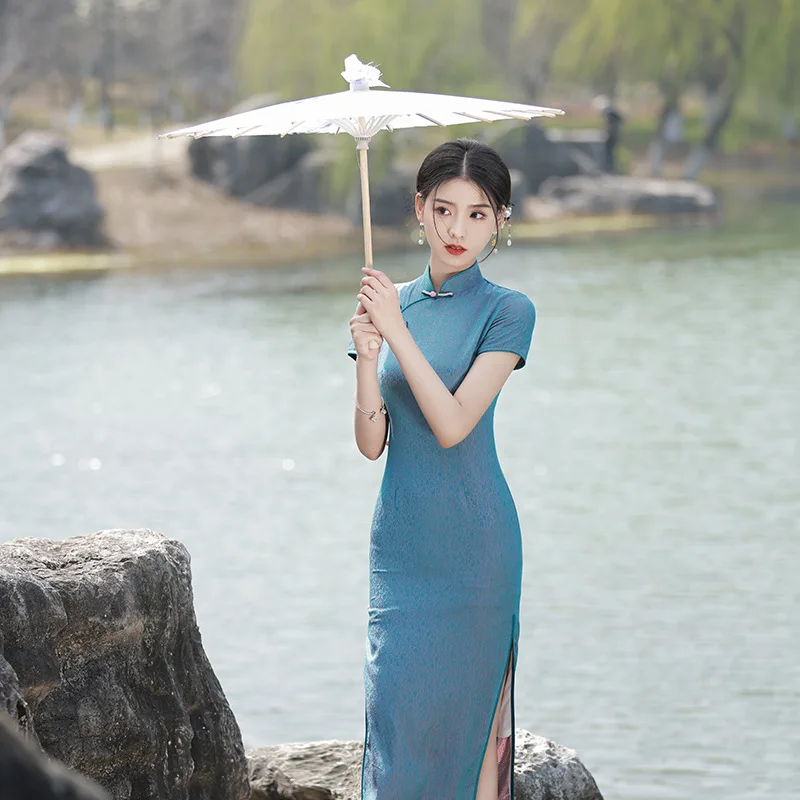 2023 קיץ כחול מקסי חרך סקסי Cheongsam אקארד אירועים בסגנון סיני שמלת ערב סלים מזג צ ' יפאו לנשים - 3