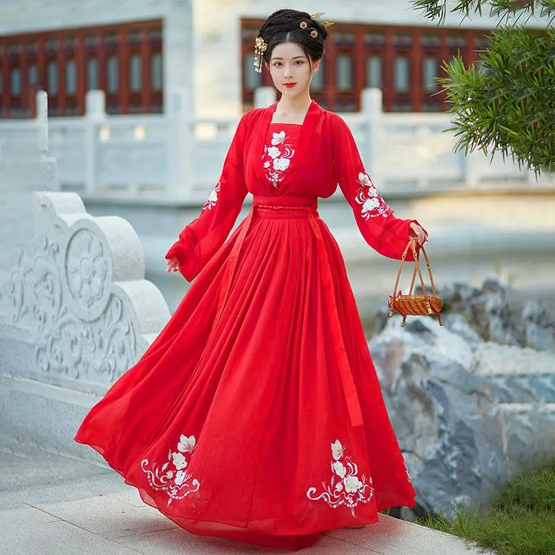 2pc המקורי של שושלת מינג נקבה Hanfu שמלה חליפה יומי תעשייה כבדה רקמה אורך מותן אדום חצאית חצאית Hanfu - 3