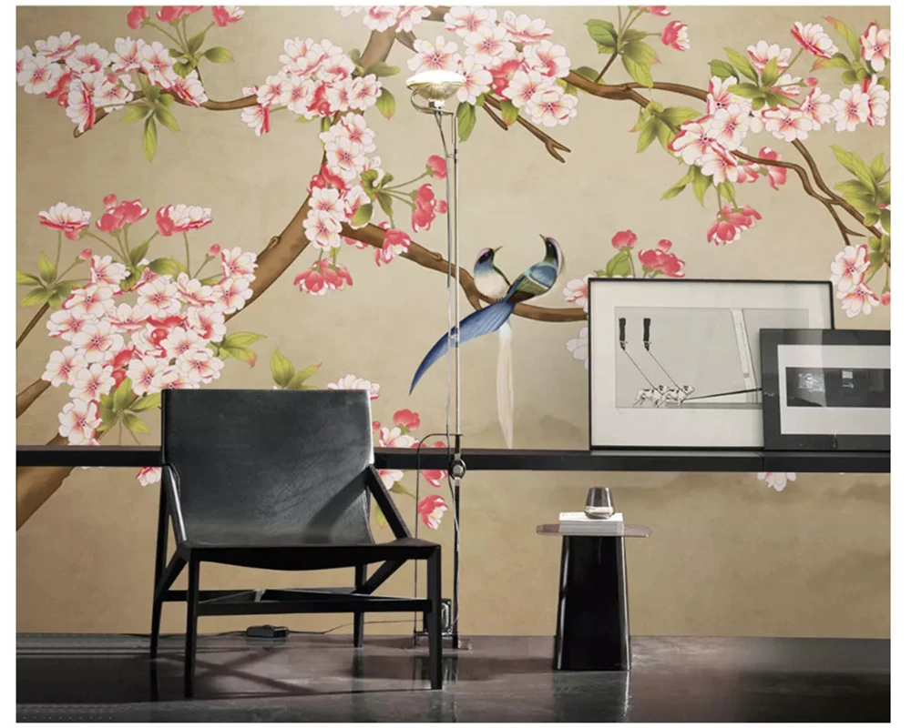 beibehang חדש בסגנון סיני מצוירים ביד אופנה נייר קיר כלבי-ים פרח ציפור נוף טלוויזיה ספה רקע טפט 3d - 3