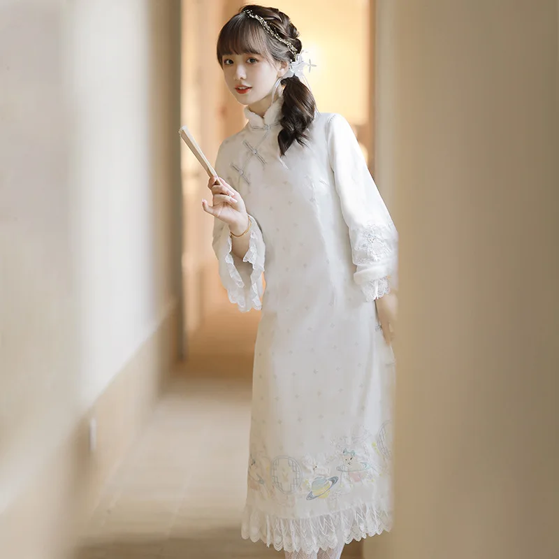 Cheongsam הסינית בסגנון רטרו יומי רקמה הסינית אלמנט cheongsam הסינית המסורתית cheongsam שמלת צ ' יפאו סקסי - 3