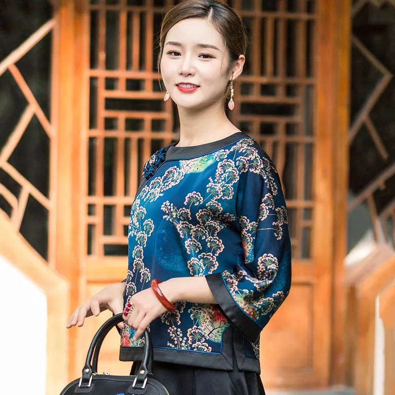 Cheongsam לנשים בתוספת גודל צמרות 2023 קיץ משי אמיתי טביעות החדרת O-צוואר מסורת סינית בסגנון רזה צ ' יפאו חולצות אישה - 3