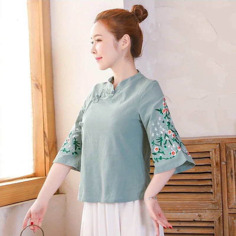 Cheongsam מקסימום סינית מסורתית צווארון טאנג מעיל רך סאטן בסגנון סיני חולצה בגדי נשים קליל ואלגנטי Hanfu - 3