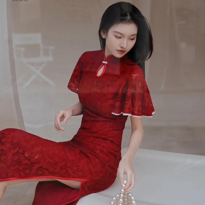 Cheongsam שמלת הסינית המודרנית Trational תחרה אדומים Cheongsams צ ' יפאו בציר מזרחי מסיבת חתונה שמלות נשים - 3