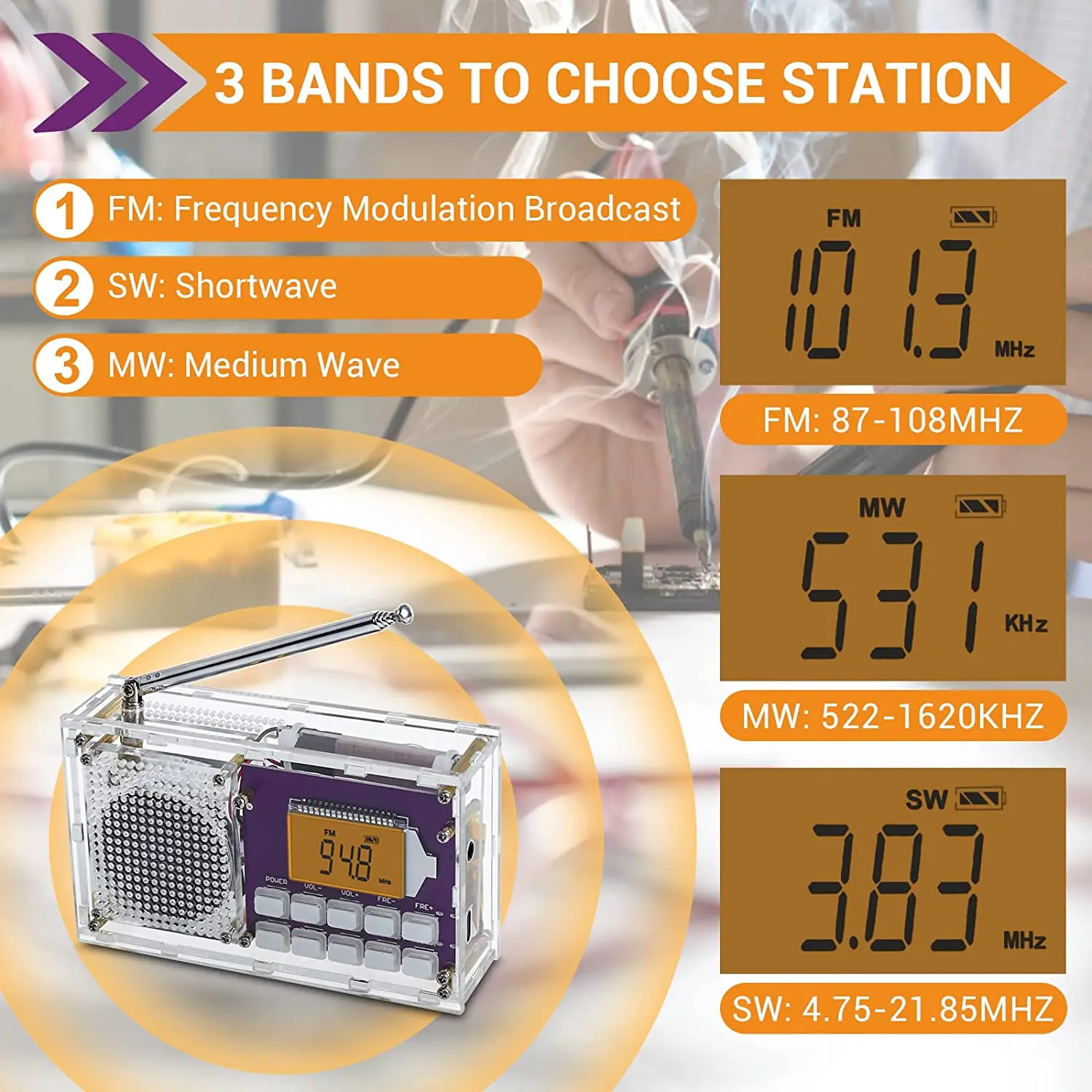 DIY אלקטרוני ערכת FM MW SW אלחוטית מקלט רדיו מודול דיגיטלי שעון מעורר 87-108MHz תחנה אוטומטית אחסון 4.75-21.85 MHz - 3
