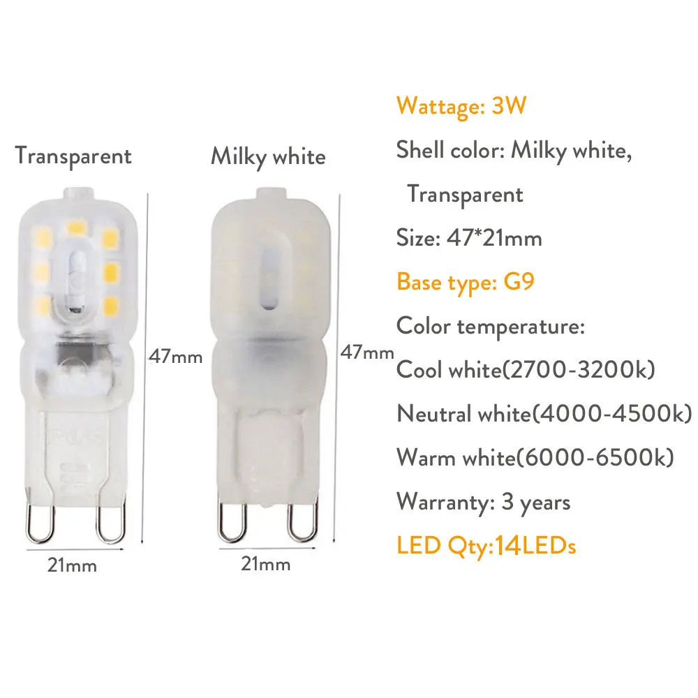 G9 LED 14LEDs 3W G9 LED מנורת נורת LED SMD 2835 אור LED להחליף 25W הלוגן מנורת אור לבן חלבי שקוף מעטפת 110V 220V - 3