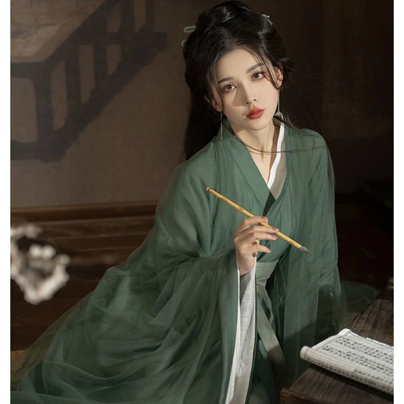Hanfu השמלה נשים סינית עתיקה מסורתית Hanfu להגדיר נקבה Cosplay תלבושות קיץ Hanfu ג ' קט ירוק עם שמלה לבנה סטים - 3