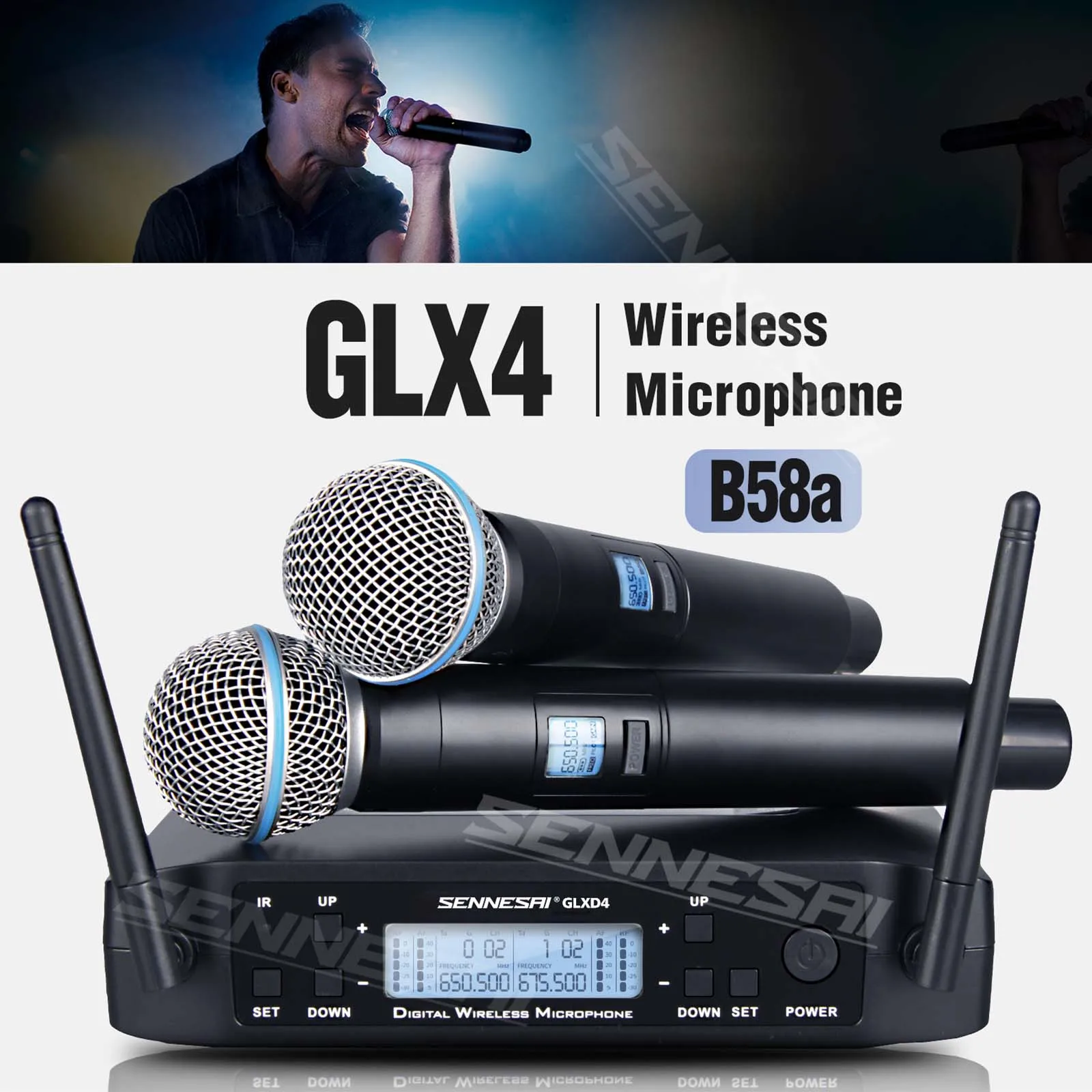 SENNESAI GLX4 מקצועי כפול מיקרופון אלחוטי 600-699mhz מערכת הופעות הבמה UHF דינמי 2 ערוץ כף יד - 3
