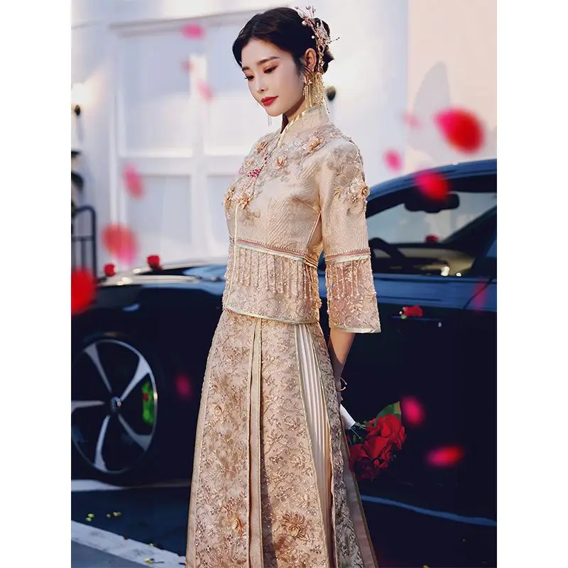 Yourqipao Xiuhe בגדים חדשים הכלה 2023 סינית עתיקה שמלת הכלה שמפניה דרקון ופניקס שמלת כלה כוסית צד שמלות - 3