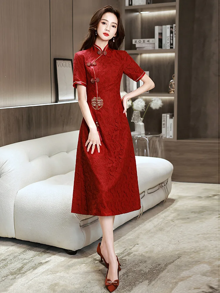 Yourqipao סינית מסורתית Cheongsam לחיים בגדים 2023 חדש סין שמלה אדומה נשים אירוסין נשף שמלות ערב - 3