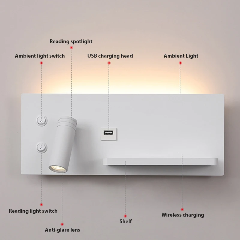 ZEROUNO משולבת LED קריאת קיר פנימי-אור האלחוטי USB טעינת טלפון מתג לצד המיטה פמוט קיר מלון המיטה מנורה - 3