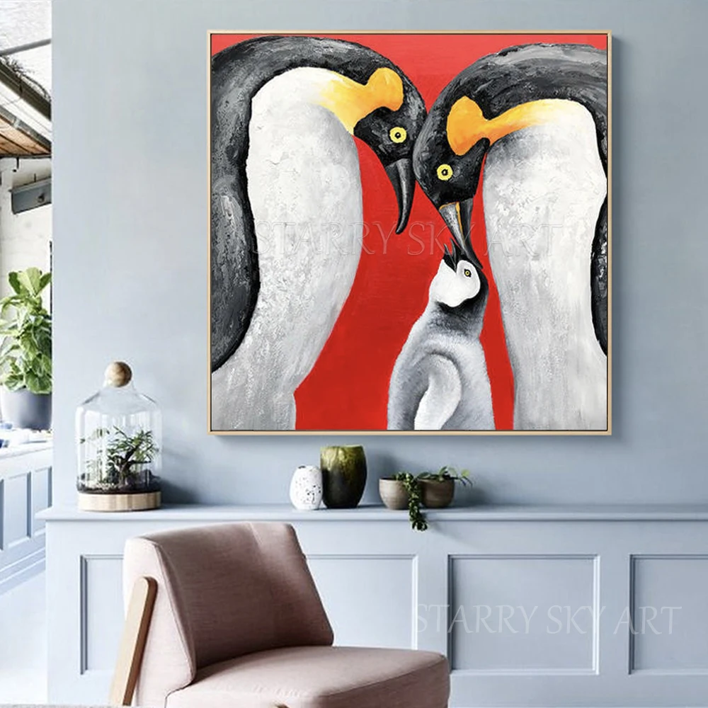 אמן מקצועי טהור יד-צבוע באיכות גבוהה בעלי חיים פינגווינים ציור שמן על בד חיות מקסימות פינגווינים ציור שמן - 3