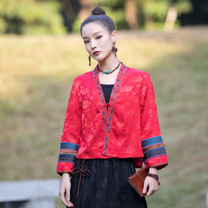 אתני חדש רקמה קרדיגן מעיל קצר נשים רטרו טאנג חליפה שרוול ארוך בסגנון סיני ' קט סיני בגדים צוואר V Hanfu - 3