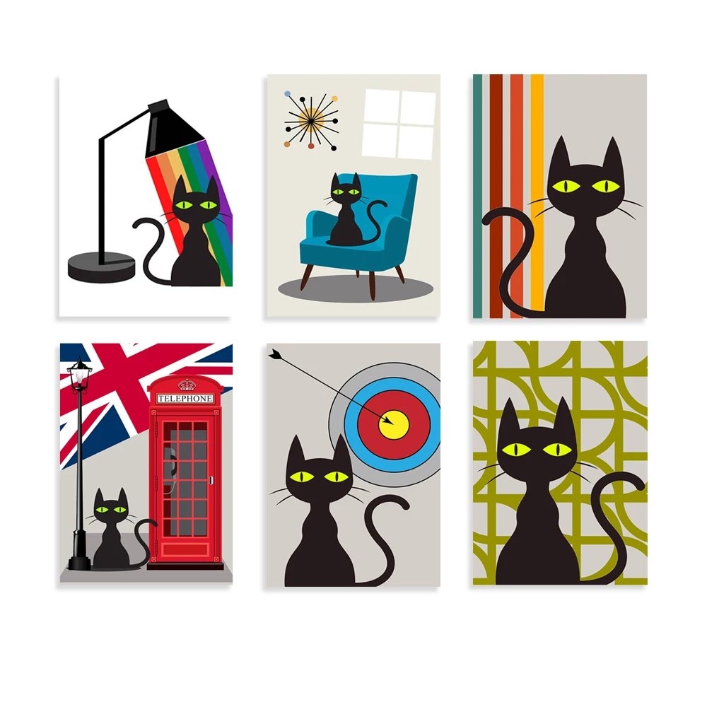 באמצע המאה אמנות מודרנית הדפסה, חתול שחור הדפס מתנה, גאווה קשת אמנות הדפס רטרו צבע החתול פוסטר צבעוני אמנות קיר - 3