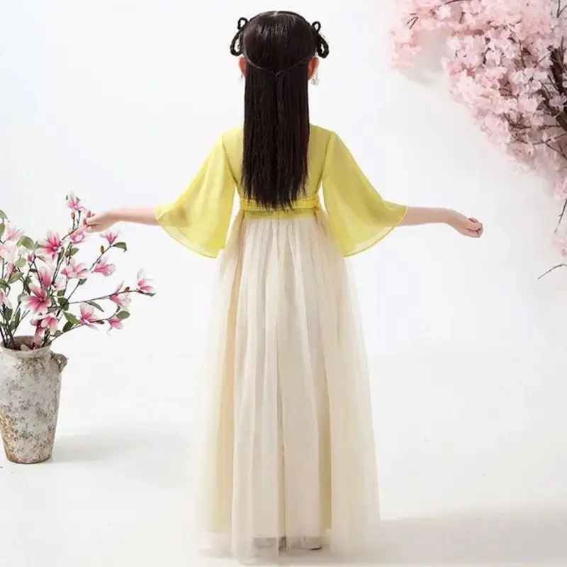 בנות ילדים תחפושת נסיכת פיות הסינית מסורתית בסגנון חזה מלא באביב ובסתיו ילדים צהובים Hanfu השמלה - 3