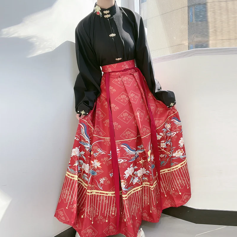 חדש ומשופר של שושלת מינג Hanfu החליפה חולצה עם שרוולים ארוכים בסגנון סיני Traitional בציר קפלים החצאית, אדום, כחול, שחור - 3