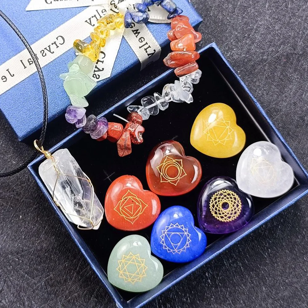 חצץ השרשרת רייקי אוסף קופסה בצורת לב אבן צ 'אקרה להגדיר עם שבע הצ' אקרה חרוטים סמלים צ ' אקרת להגדיר עבור מתנה - 3