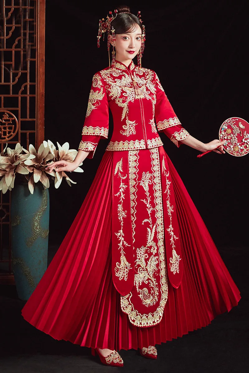 חתונה צ 'יפאו Cheongsam תלבושת כלה וינטאג' בסגנון סיני מסורתי אדום מלכותי פיניקס רקמה טאנג חליפה - 3