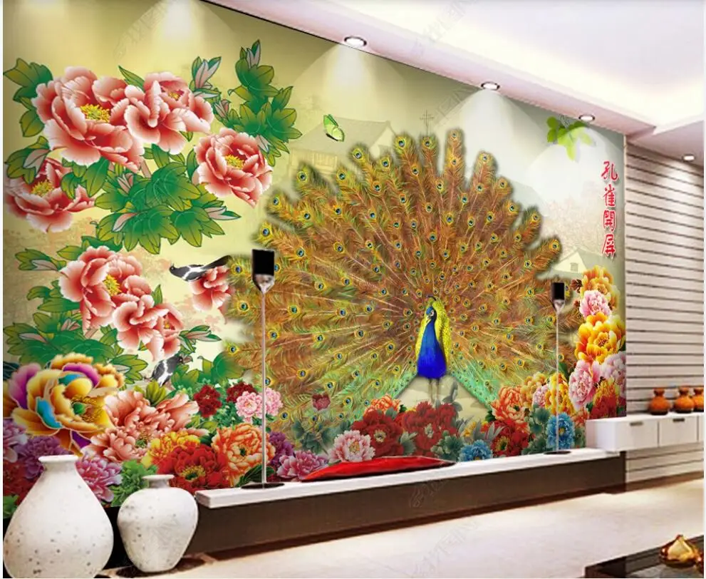 טפט תמונה 3 d מותאם אישית ציור בסגנון סיני טווס לפתוח מסך אדמונית תפאורה בסלון טפט על קירות בגלילים - 3