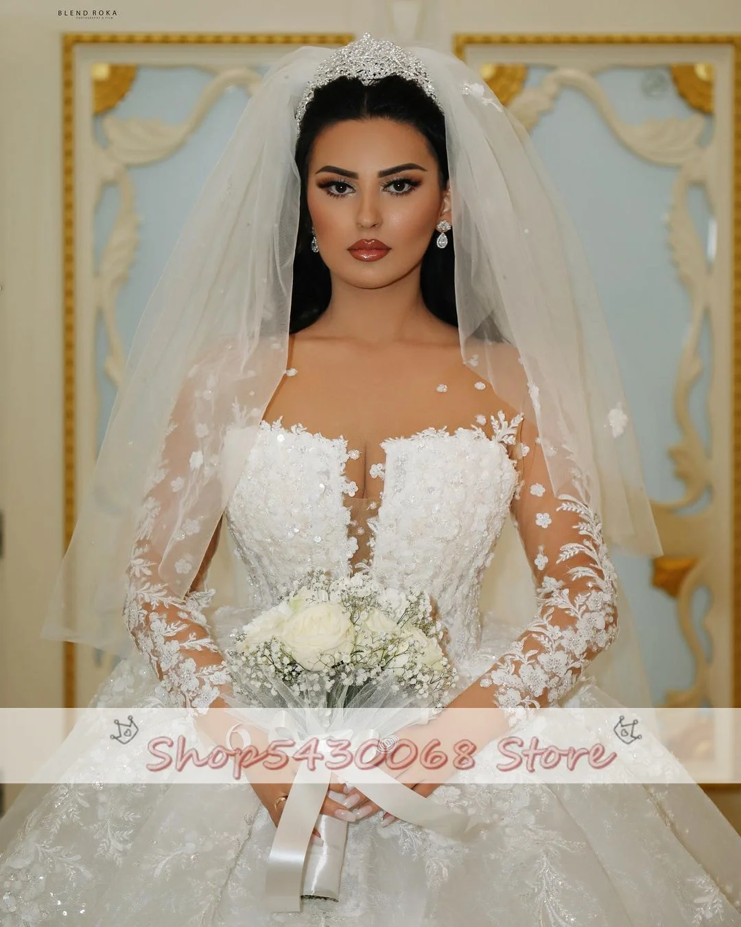 יוקרה חתונה לבנה שמלות העצום הצוואר נוצץ נצנצים פייטים ארוך שרוולים תחרה אפליקציה אלגנטי שמלות כלה Vestido De נוביה - 3