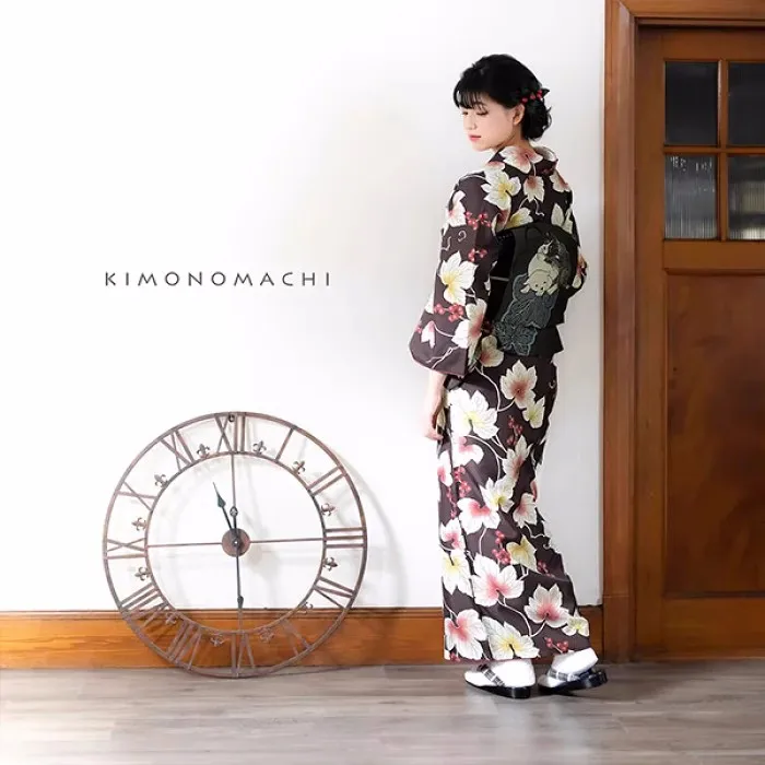 יפנית מסורתית רשמית ללבוש קימונו לנשים כפול בדים גרגר קטן ענבים משאיר סיבים כימיים ללא קמטים ללא גיהוץ - 3
