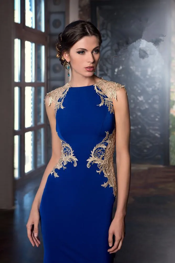 כחול רויאל האמא של הכלה שמלות ללא שרוולים זהב תחרה, אפליקציות משי סאטן נדן הברך משתה חתונה ערב שמלות לנשף - 3