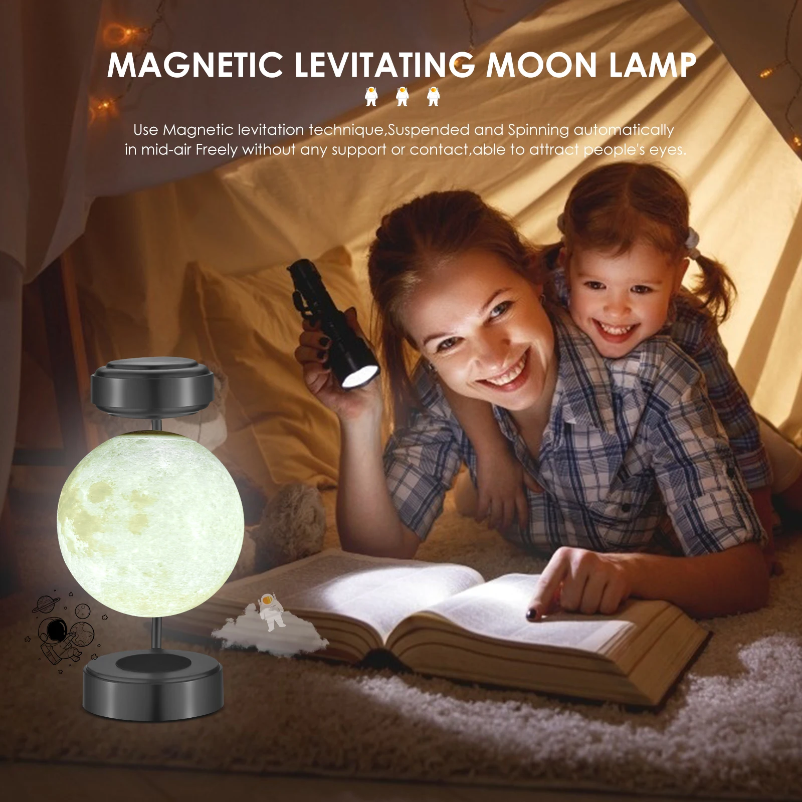 מושעה הירח המנורה מנורת שולחן הלילה אור מודפס 3D LED אור ירח 360 מעלות לצוף ספין 3 צבעים - 3