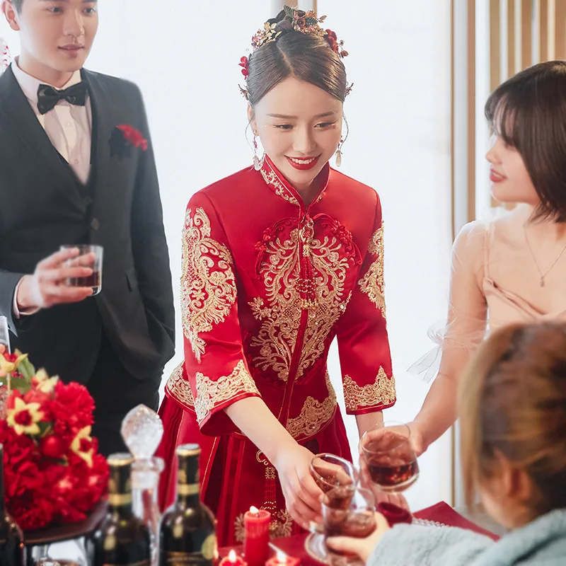 מזרחי חרוזים רקמה ציצית סינית מסורתית החתונה Cheongsam הכלה החתן צ ' יפאו השמלה китайская одежда - 3