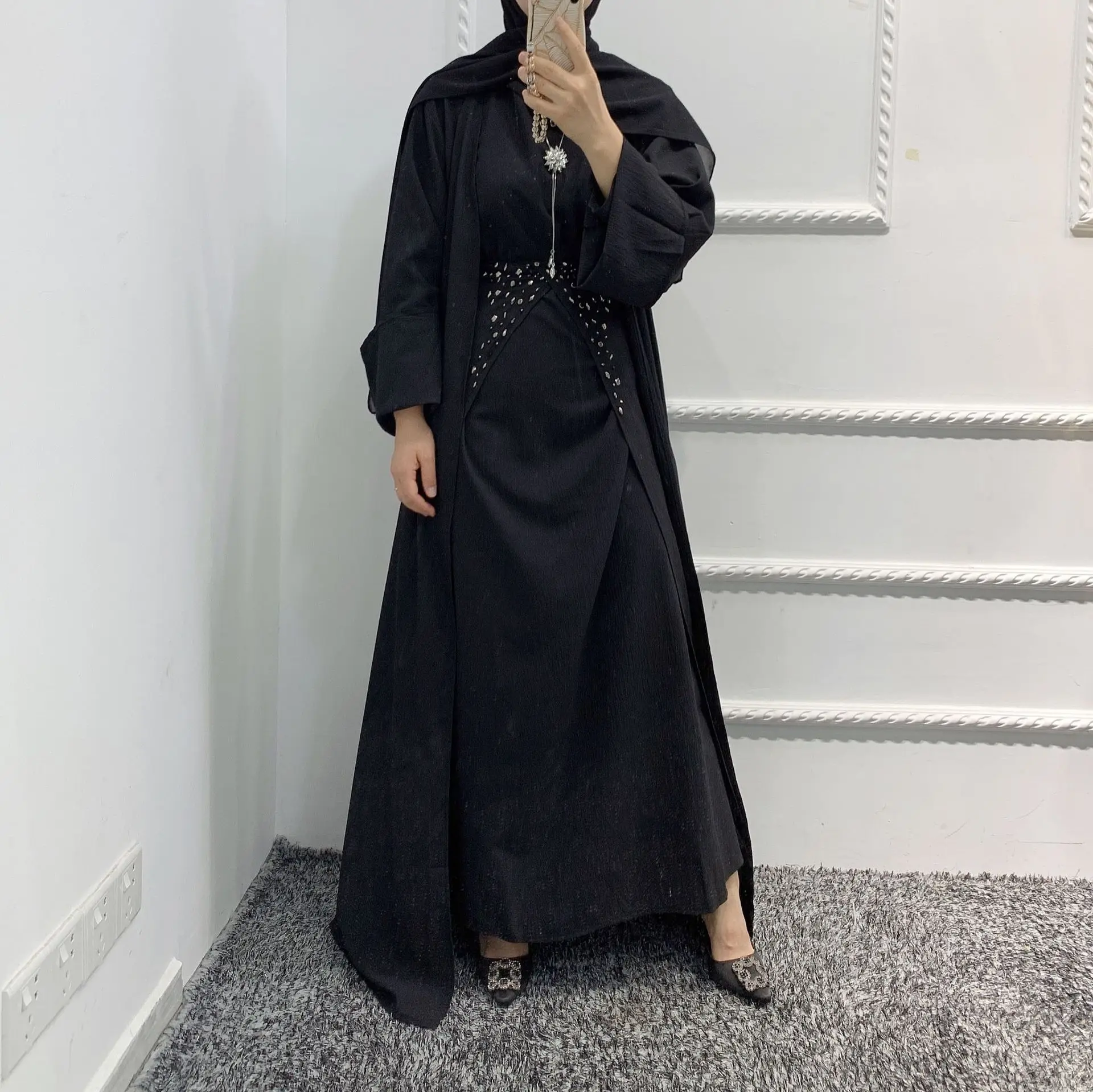 מלאכת-יד חרוזים 3 חתיכה המוסלמים להגדיר התאמת הלבוש מקומט קרפ פתוח Abaya קימונו שרוול ארוך שמלה לעטוף את החצאית דובאי סתיו - 3