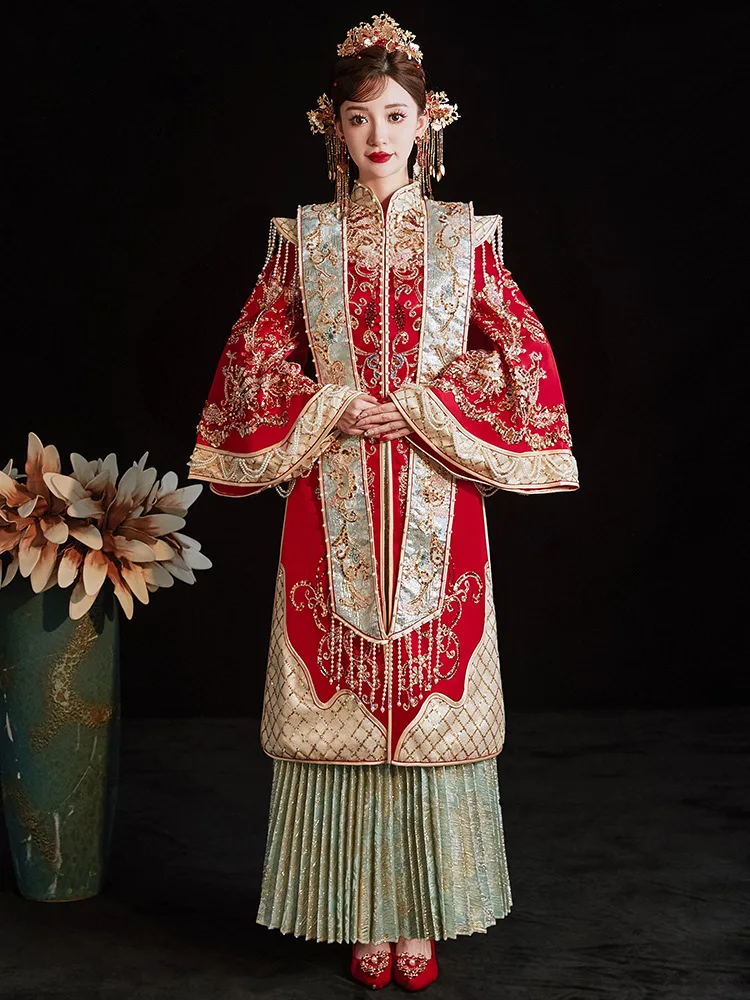 מסורתית מינג מערכת פייטים חרוזים רקמה נישואין להגדיר הכלה החתן טוסט בגדי וינטג ' Cheongsam שמלת החתונה - 3