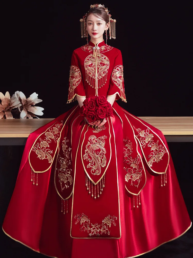 מעולה פאייטים רקמה סינית מסורתית Cheongsam כמה חליפת חתונה אלגנטית לכלה להתחתן עם שמלה китайская одежда - 3