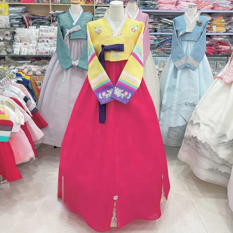 נשים ההאנבוק הזה חתונת כלה שמלת החולצה הצהובה ו ורד אדום חצאית מעולה ההאנבוק הזה רקמה קוריאנית מסורתית עממית הבמה - 3