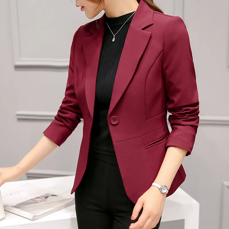 נשים מוצק מעיל חדש קוריאני אופנה ארוך שרוול סלים ג ' קט משרד גבירותיי לחצן יחיד מזדמן חליפות מעילים, בלייזרים - 3
