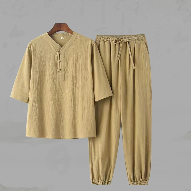 סינית מסורתית טאנג חליפה בתוספת גודל Hanfu סטים קונג פו חליפת קיץ כותנה פשתן גברים מזדמנים צמרות & מכנסיים להאריך ימים יותר Loungewear - 3