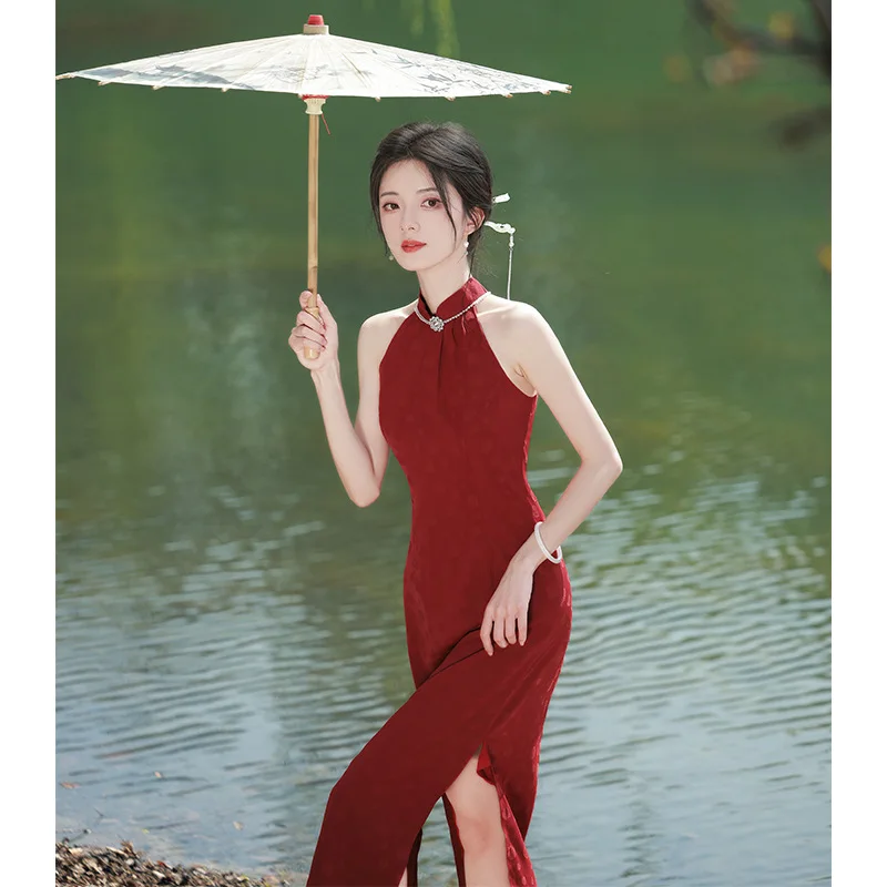 סקסית Cheongsam טוסט בגדים חדשים סיני לנשים שמלות כלה אדום הקולר רשמית מסיבת ערב 2023 שמלה חדשה שמלת האירוסין - 3