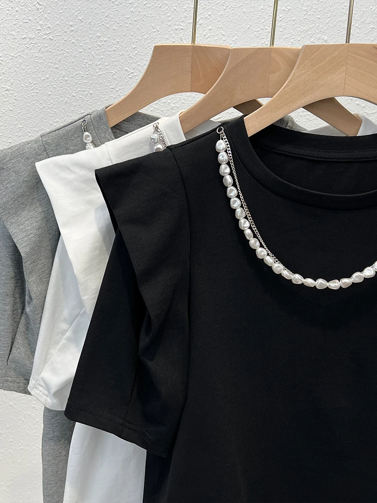 קוריאה סגנון שרוול קצר כותנה חולצות נשים קיץ פנינים עיצוב אלגנטי מוצק פשוטה מקסימום גברת מזדמן אופנתי Tees Футболка - 3