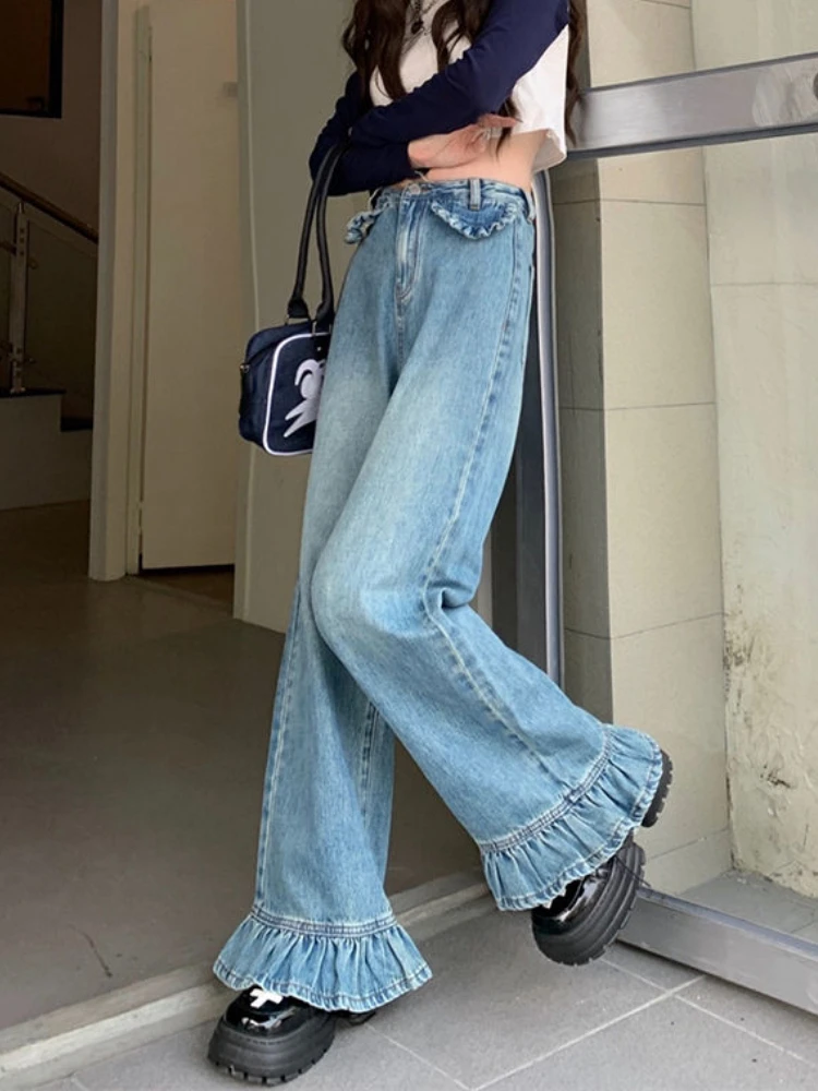 רחב הרגל ג 'ינס נשים S-4XL קפלים עיצוב ג' ינס מכנסיים אופנת רחוב שטף אישי נשי Джинсы Y2k בגדים וינטג ' אמריקאי - 3