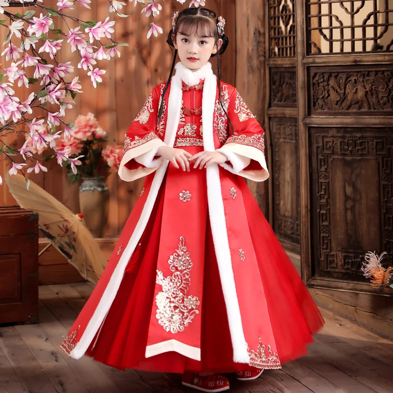 2 צבעים בסגנון סיני לילדים Hanfu השמלה סט משובח אדום ורוד לעבות צמר השנה החדשה הנסיכה שכמייה, חצאית Elegent טאנג חליפה - 4