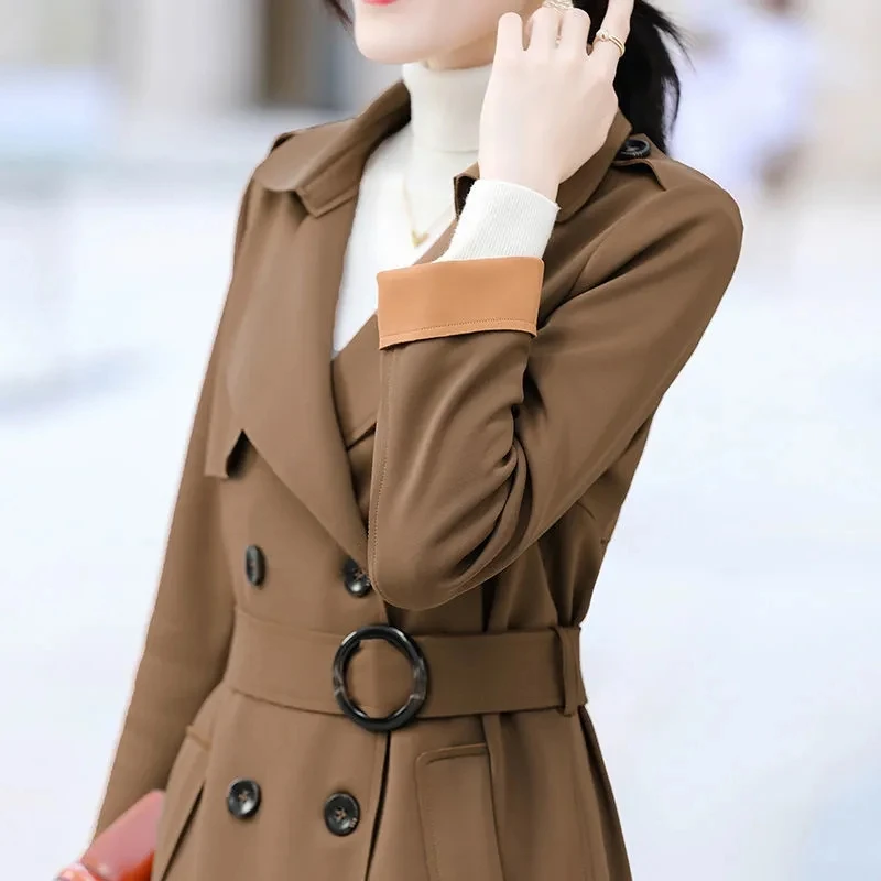 2022 סתיו דק צבע מוצק ארוך מעיל רוח אופנה קוריאנית קלאסיק זוגי עם חזה חגורת נשים מעיל אלגנטי הלבשה עליונה - 4