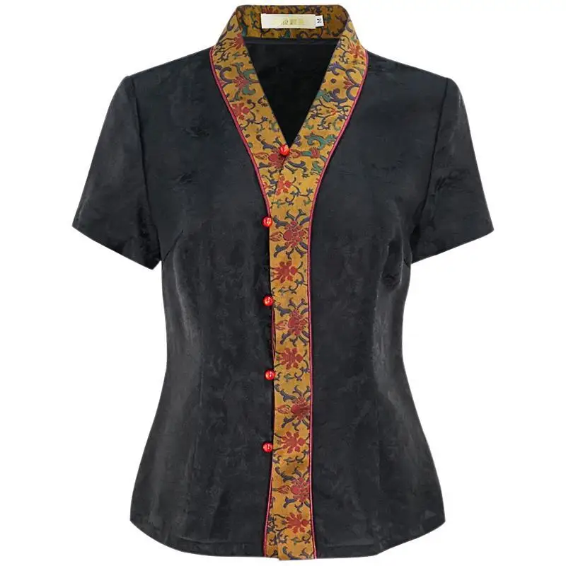 2023 החדש סינית מסורתית וינטג', חולצה קיץ v-צוואר קצר שרוול משופר קרדיגן סיני רטרו tangsuits לנשים - 4