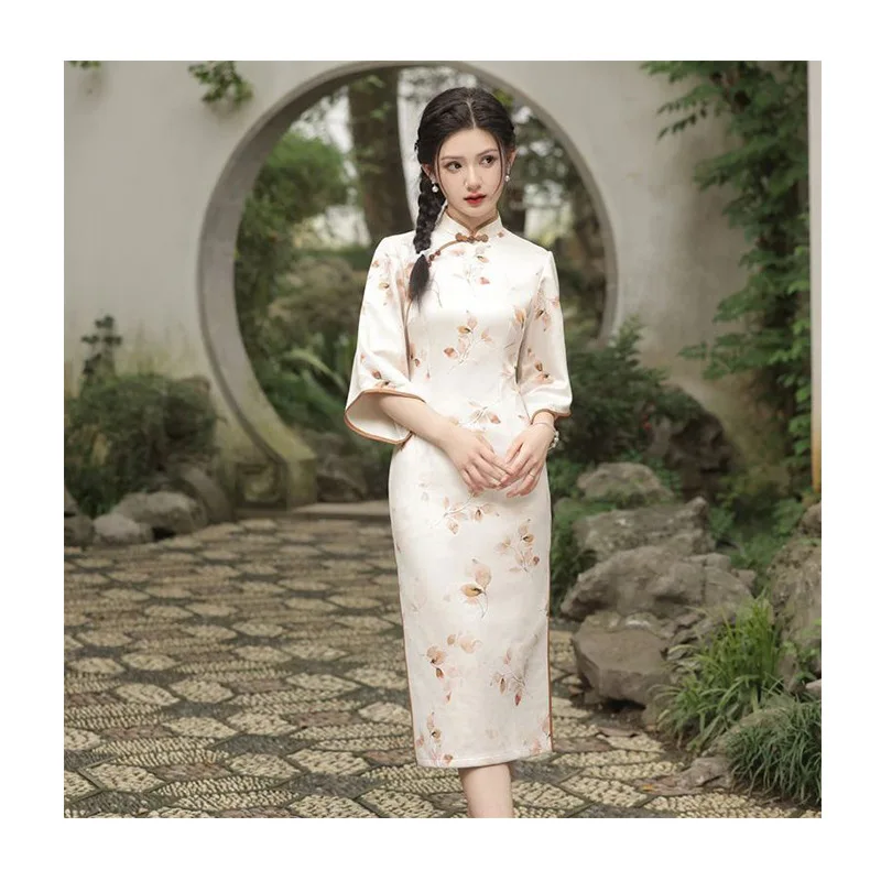 2023 חדש בסגנון סיני סתיו חצי שרוול זמש הדפסה באיכות גבוהה אלגנטי אמצע אורך אופנה סלים שמלה נמוך שסף שיפור צ ' יפאו - 4