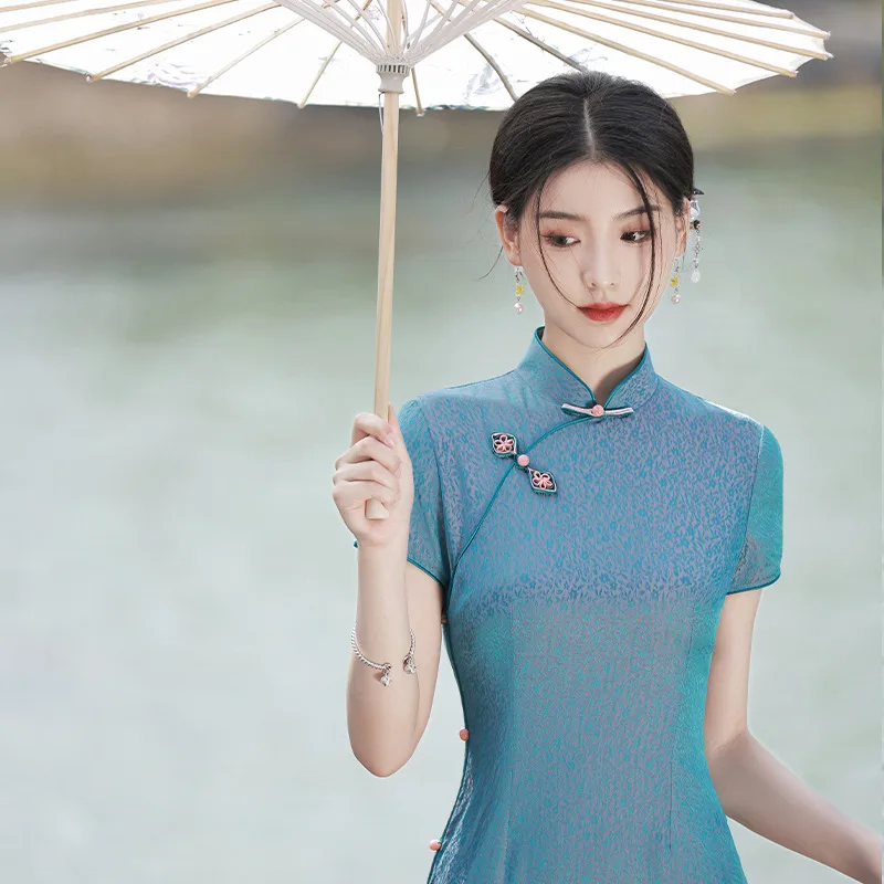 2023 קיץ כחול מקסי חרך סקסי Cheongsam אקארד אירועים בסגנון סיני שמלת ערב סלים מזג צ ' יפאו לנשים - 4