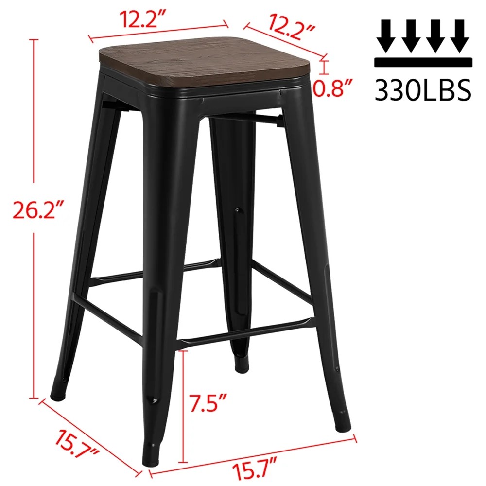 4PCS מתכת מונה כסאות בר עם מושב עץ על ביסטרו/חצר/בית קפה/מסעדה/חדר אוכל/מטבח שחור - 4