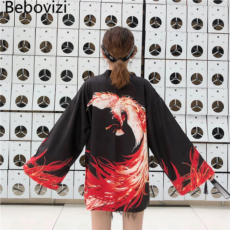 Bebovizi בסגנון יפני בוער Phenix הדפסה קט קימונו Harajuku נשים גברים סקסי יאקאטה נקבה אופנת רחוב מסורתי Haori - 4