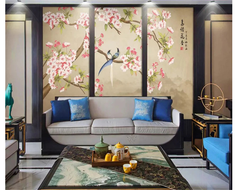 beibehang חדש בסגנון סיני מצוירים ביד אופנה נייר קיר כלבי-ים פרח ציפור נוף טלוויזיה ספה רקע טפט 3d - 4