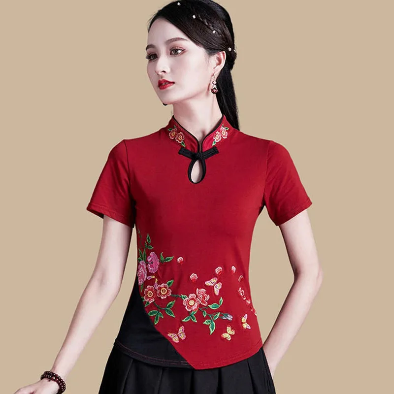 Cheongsam לנשים בתוספת גודל צמרות 2023 כותנה בד רקמה החדרת לעמוד צווארון שרוול קצר בסגנון סיני צ ' יפאו חולצות - 4